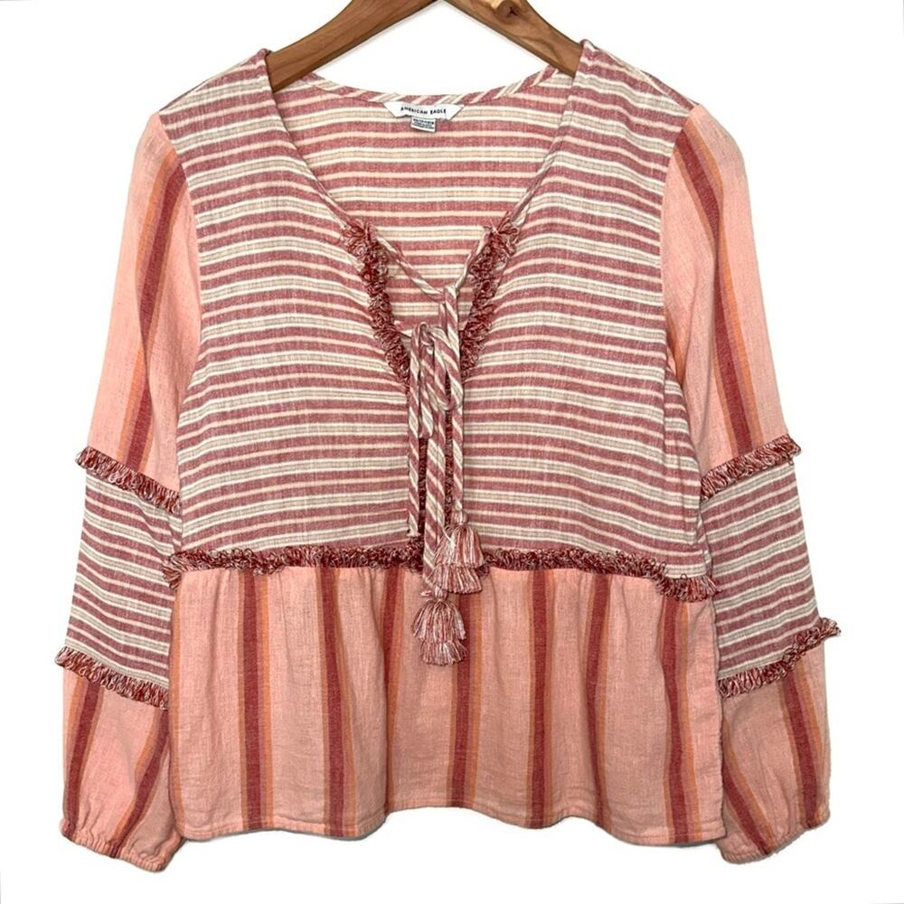 American Eagle Striped Linen Blend Tasseled Peasant Top Size XS